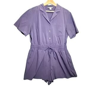 Athleta Sz L Avenue Navy Button-Up Drawstring Waist  Pockets Romper Jumpsuit